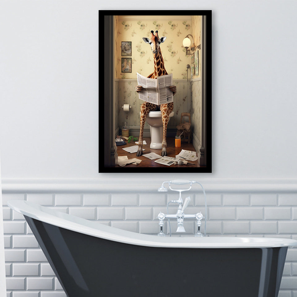 Giraffe Print Framed Art Print Wall Decor, Funny Bathroom Decor, Giraffe In Toilet