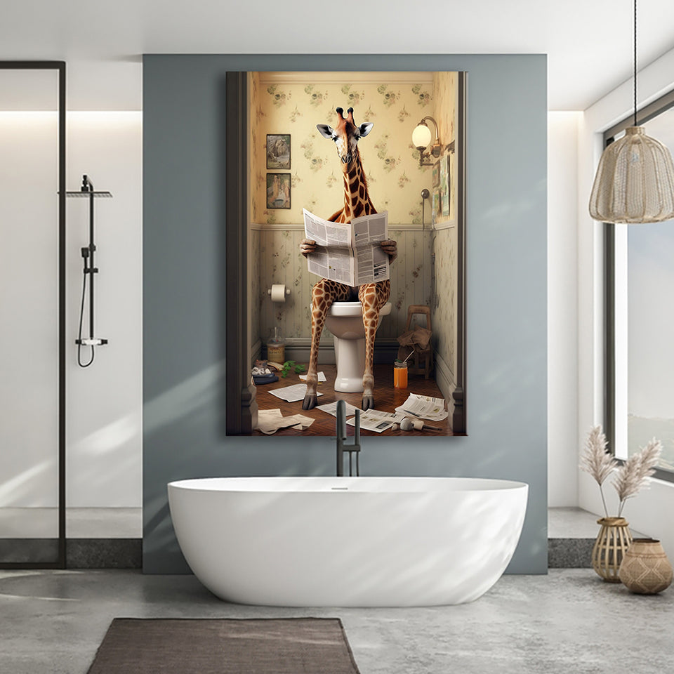 Giraffe Print Canvas Prints Wall Art, Funny Bathroom Decor, Giraffe in Toilet
