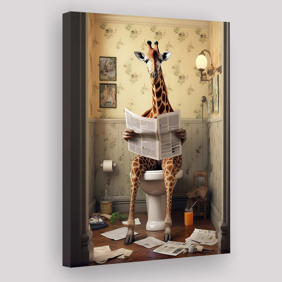 Giraffe Print Canvas Prints Wall Art, Funny Bathroom Decor, Giraffe in Toilet
