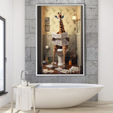 Giraffe Print Framed Canvas Prints Wall Art, Funny Bathroom Decor, Giraffe In Toilet