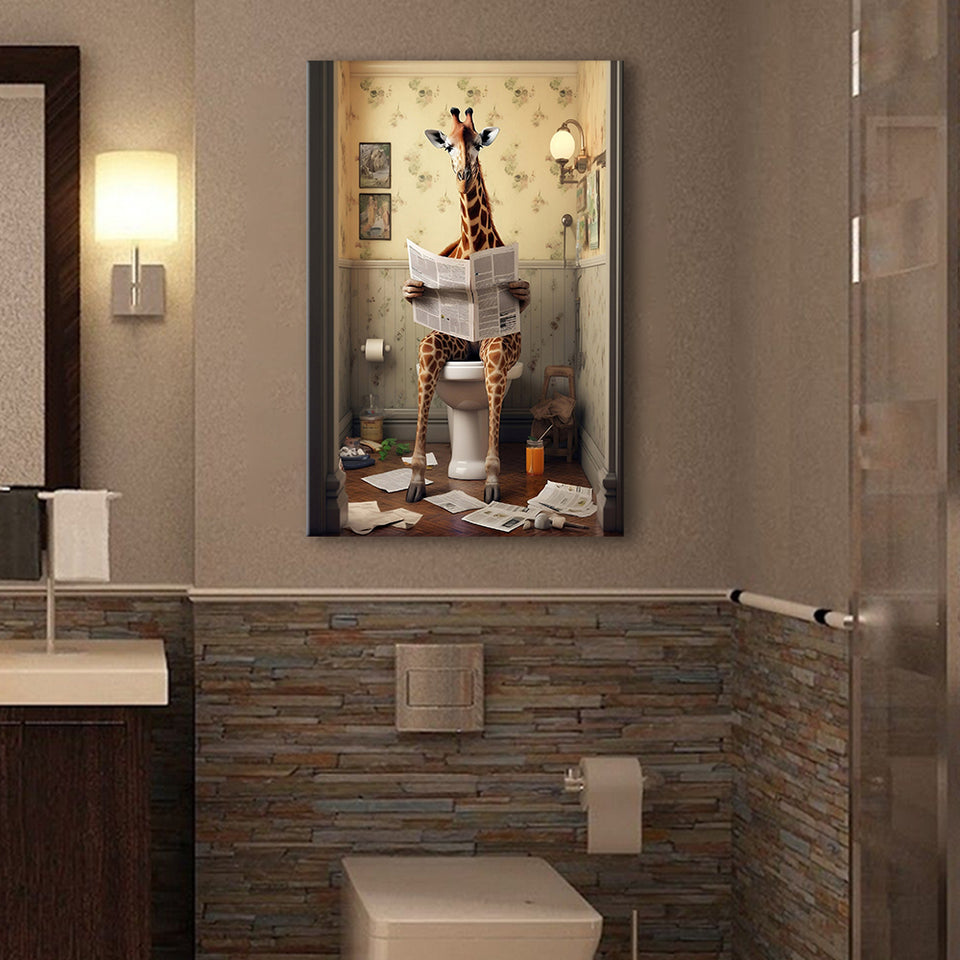 Giraffe Print Canvas Prints Wall Art, Funny Bathroom Decor, Giraffe in Toilet