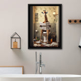 Giraffe Print Framed Canvas Prints Wall Art, Funny Bathroom Decor, Giraffe In Toilet