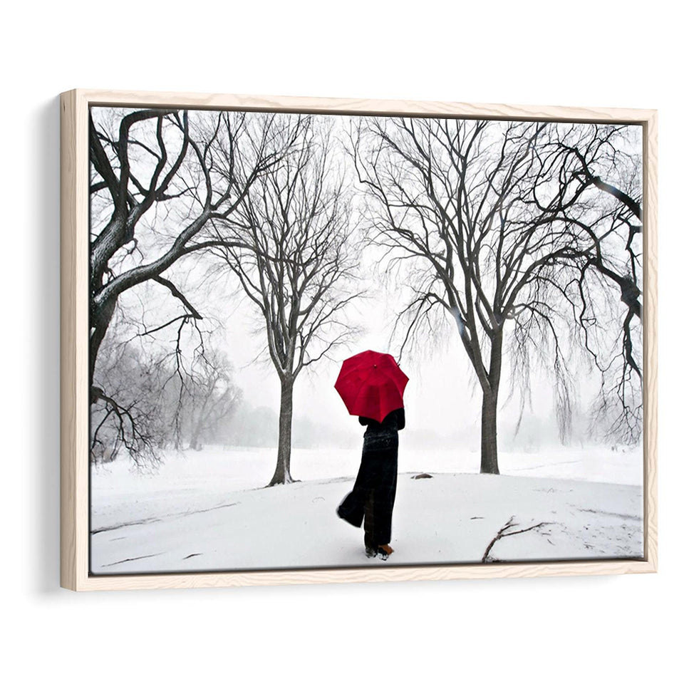 Girl Red Umbrella In The Snow, Girl Red Umbrella Wall Art, Framed Canvas Print Wall Art Decor,Floating Frame