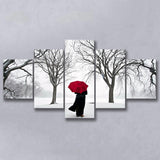 Girl Red Umbrella In The Snow, Girl Red Umbrella Wall Art, Multi Panel Canvas Print Wall Art Decor, 5 Mixed Panel