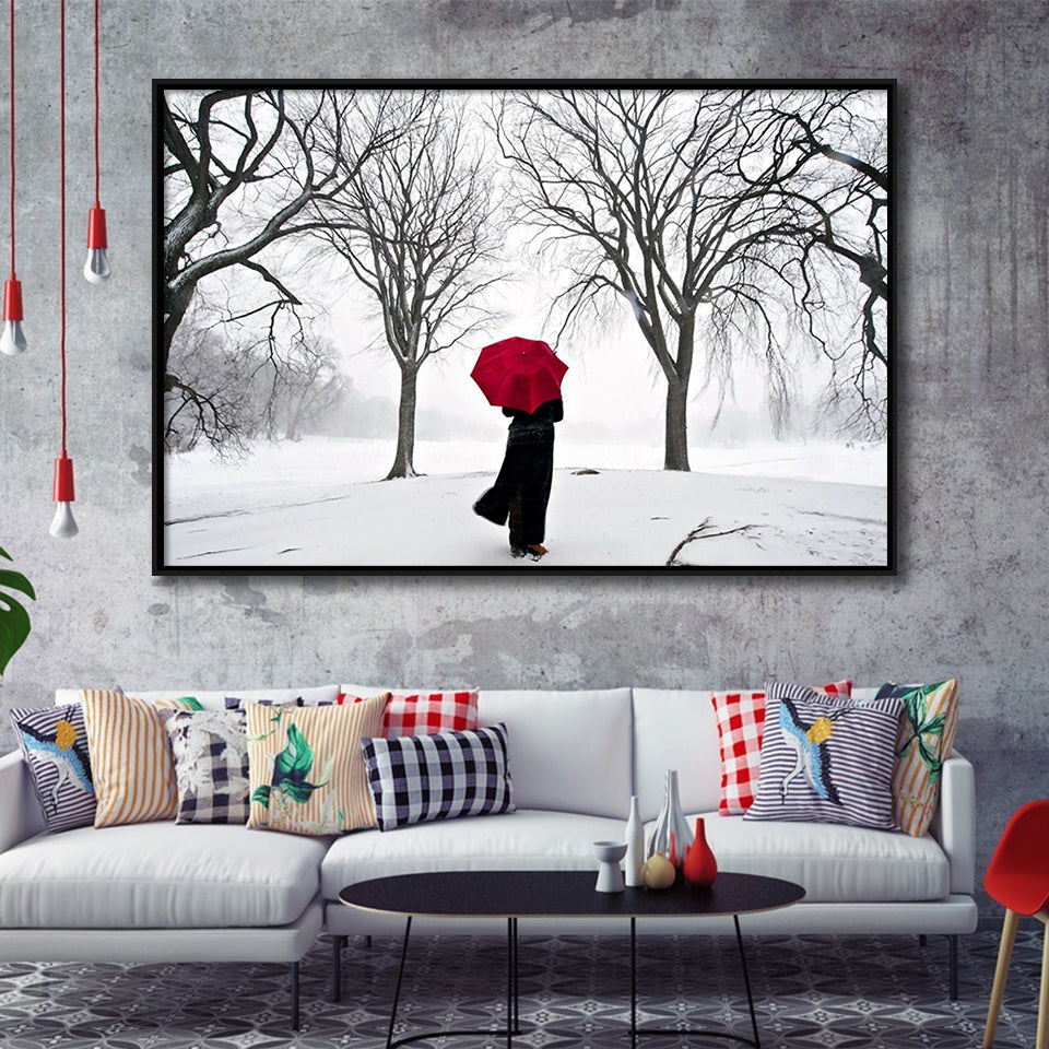 Girl Red Umbrella In The Snow, Girl Red Umbrella Wall Art, Framed Canvas Print Wall Art Decor,Floating Frame