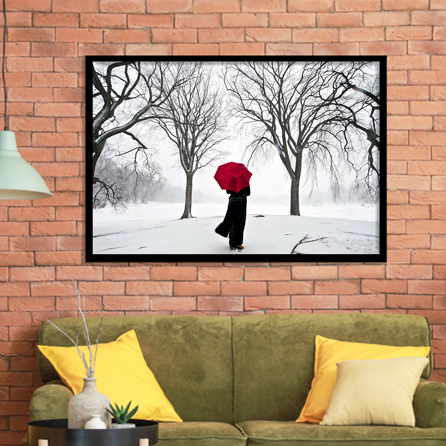 Girl Red Umbrella In The Snow, Girl Red Umbrella Wall Art, Framed Art Print Wall Decor, Framed Picture