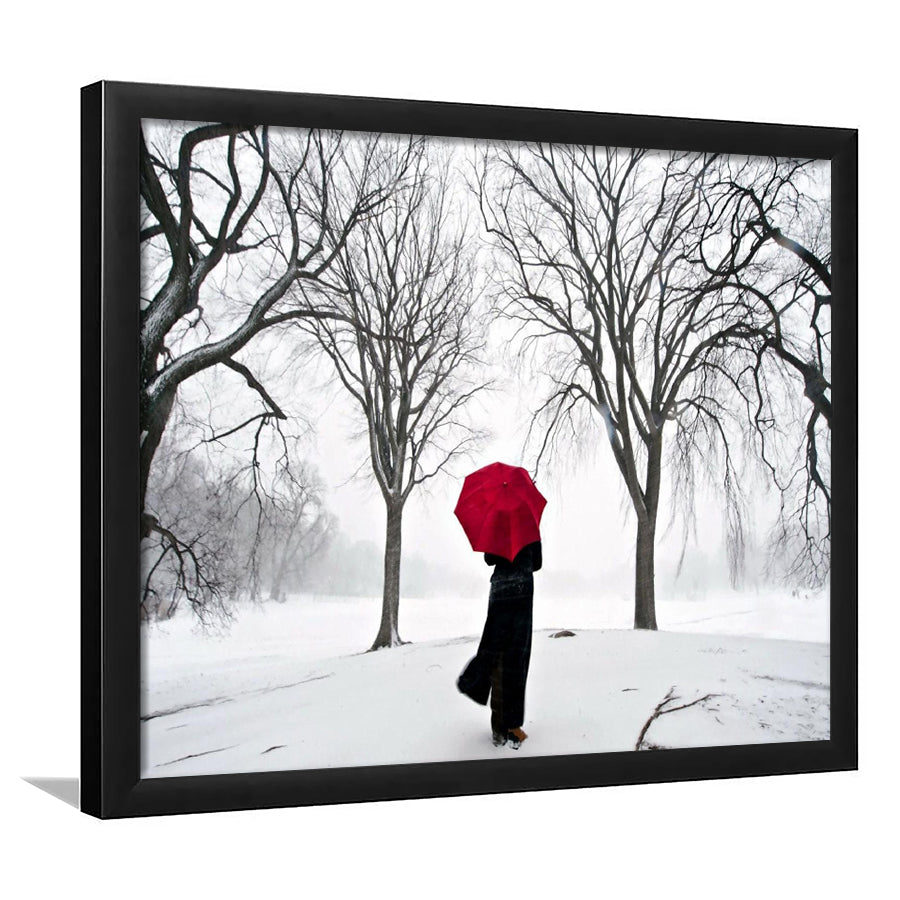 Girl Red Umbrella In The Snow, Girl Red Umbrella Wall Art, Framed Art Print Wall Decor, Framed Picture