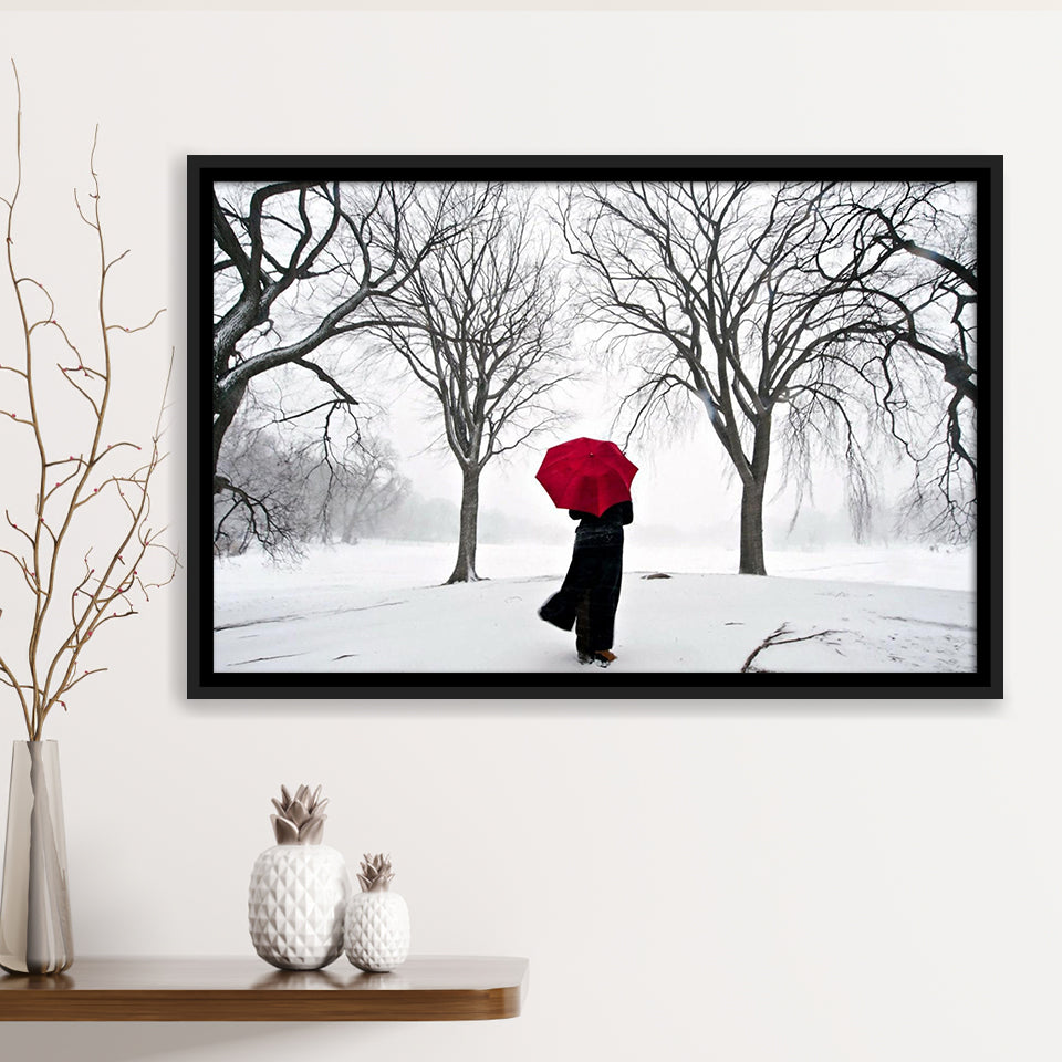 Girl Red Umbrella In The Snow, Girl Red Umbrella Wall Art, Framed Canvas Print Wall Art Decor,Floating Frame