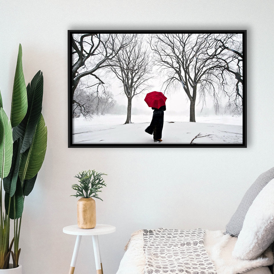 Girl Red Umbrella In The Snow, Girl Red Umbrella Wall Art, Framed Canvas Print Wall Art Decor,Floating Frame