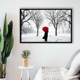 Girl Red Umbrella In The Snow, Girl Red Umbrella Wall Art, Framed Canvas Print Wall Art Decor,Floating Frame