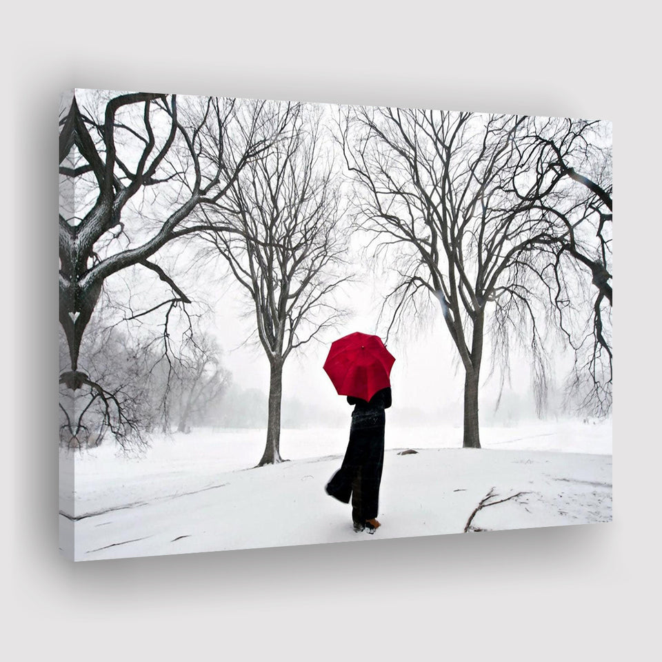 Girl Red Umbrella in the Snow, Girl Red Umbrella Wall Art, Canvas Print Wall Art Decor, Landscape Art Print