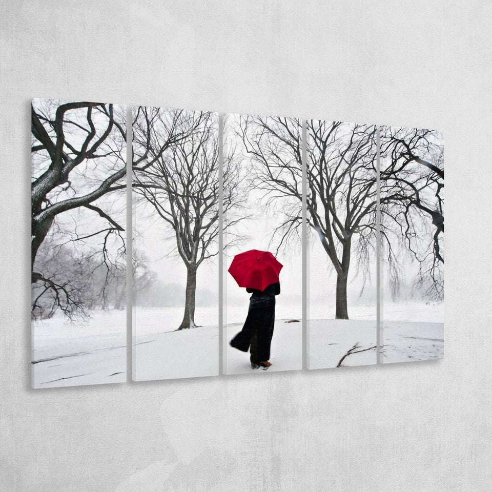 Girl Red Umbrella In The Snow, Girl Red Umbrella Wall Art, Extra Large Multi 5 Panel Canvas Print Wall Art Decor
