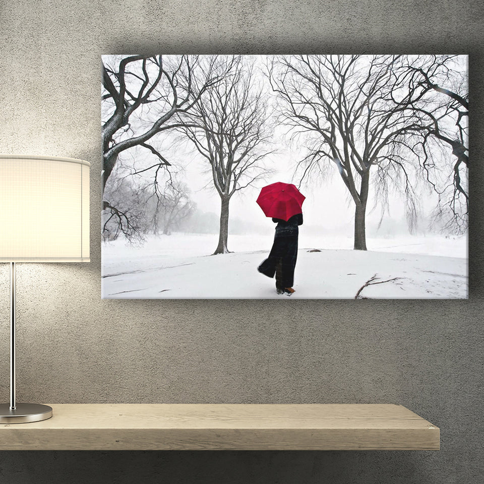 Girl Red Umbrella in the Snow, Girl Red Umbrella Wall Art, Canvas Print Wall Art Decor, Landscape Art Print