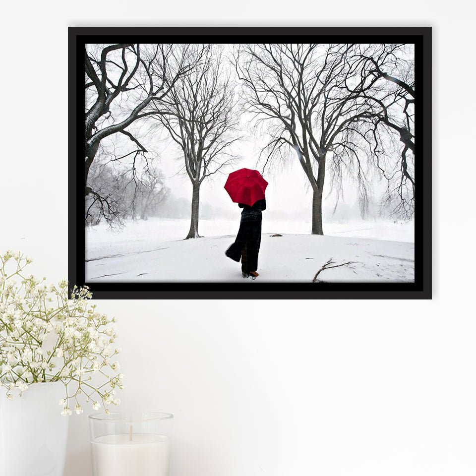 Girl Red Umbrella In The Snow, Girl Red Umbrella Wall Art, Framed Canvas Print Wall Art Decor,Floating Frame