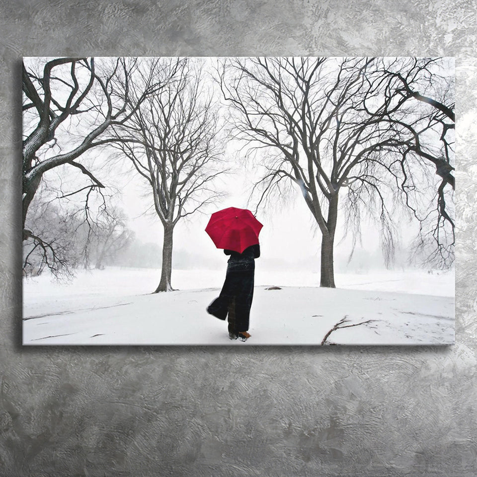Girl Red Umbrella in the Snow, Girl Red Umbrella Wall Art, Canvas Print Wall Art Decor, Landscape Art Print