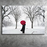 Girl Red Umbrella in the Snow, Girl Red Umbrella Wall Art, Canvas Print Wall Art Decor, Landscape Art Print