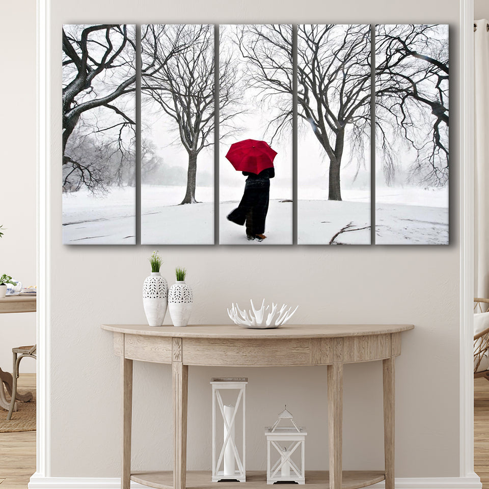 Girl Red Umbrella In The Snow, Girl Red Umbrella Wall Art, Extra Large Multi 5 Panel Canvas Print Wall Art Decor