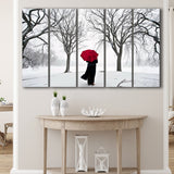 Girl Red Umbrella In The Snow, Girl Red Umbrella Wall Art, Extra Large Multi 5 Panel Canvas Print Wall Art Decor