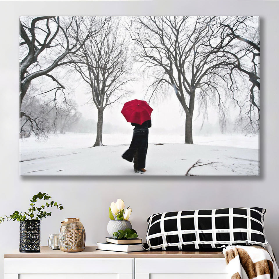 Girl Red Umbrella in the Snow, Girl Red Umbrella Wall Art, Canvas Print Wall Art Decor, Landscape Art Print
