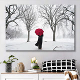 Girl Red Umbrella in the Snow, Girl Red Umbrella Wall Art, Canvas Print Wall Art Decor, Landscape Art Print