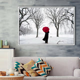 Girl Red Umbrella In The Snow, Girl Red Umbrella Wall Art, Framed Canvas Print Wall Art Decor,Floating Frame