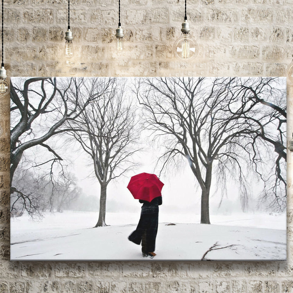Girl Red Umbrella in the Snow, Girl Red Umbrella Wall Art, Canvas Print Wall Art Decor, Landscape Art Print