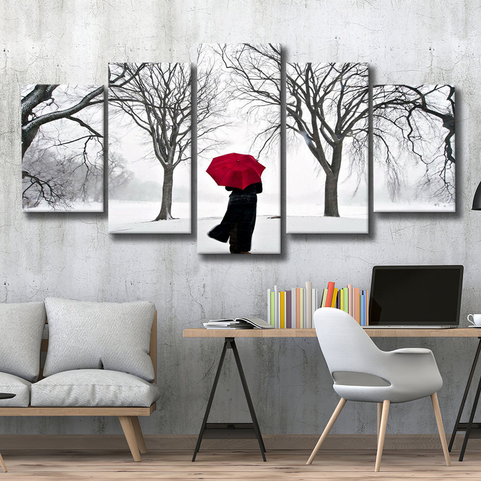Girl Red Umbrella In The Snow, Girl Red Umbrella Wall Art, Multi Panel Canvas Print Wall Art Decor, 5 Mixed Panel