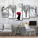 Girl Red Umbrella In The Snow, Girl Red Umbrella Wall Art, Multi Panel Canvas Print Wall Art Decor, 5 Mixed Panel
