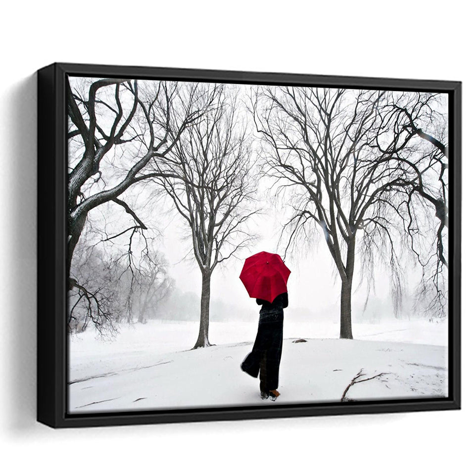 Girl Red Umbrella In The Snow, Girl Red Umbrella Wall Art, Framed Canvas Print Wall Art Decor,Floating Frame