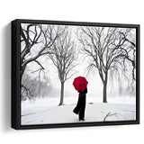 Girl Red Umbrella In The Snow, Girl Red Umbrella Wall Art, Framed Canvas Print Wall Art Decor,Floating Frame