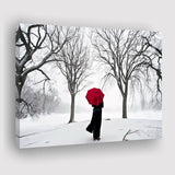 Girl Red Umbrella in the Snow, Girl Red Umbrella Wall Art, Canvas Print Wall Art Decor, Landscape Art Print