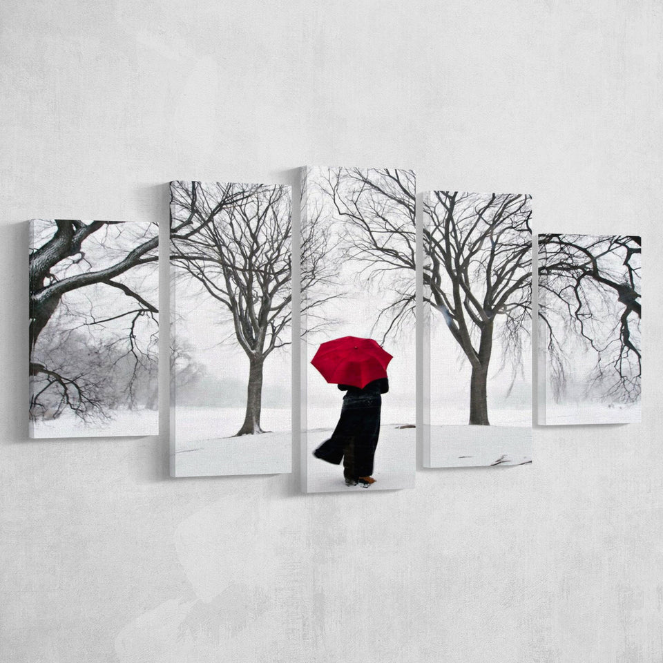 Girl Red Umbrella In The Snow, Girl Red Umbrella Wall Art, Multi Panel Canvas Print Wall Art Decor, 5 Mixed Panel