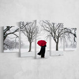 Girl Red Umbrella In The Snow, Girl Red Umbrella Wall Art, Multi Panel Canvas Print Wall Art Decor, 5 Mixed Panel