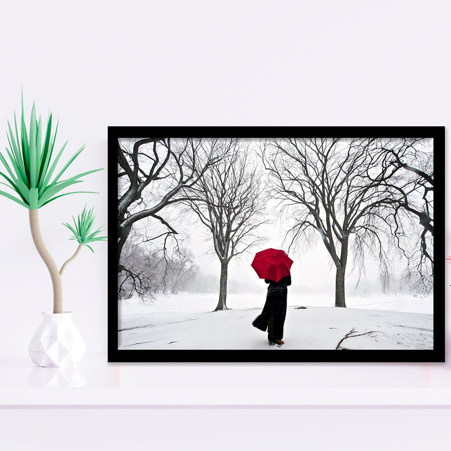 Girl Red Umbrella In The Snow, Girl Red Umbrella Wall Art, Framed Art Print Wall Decor, Framed Picture