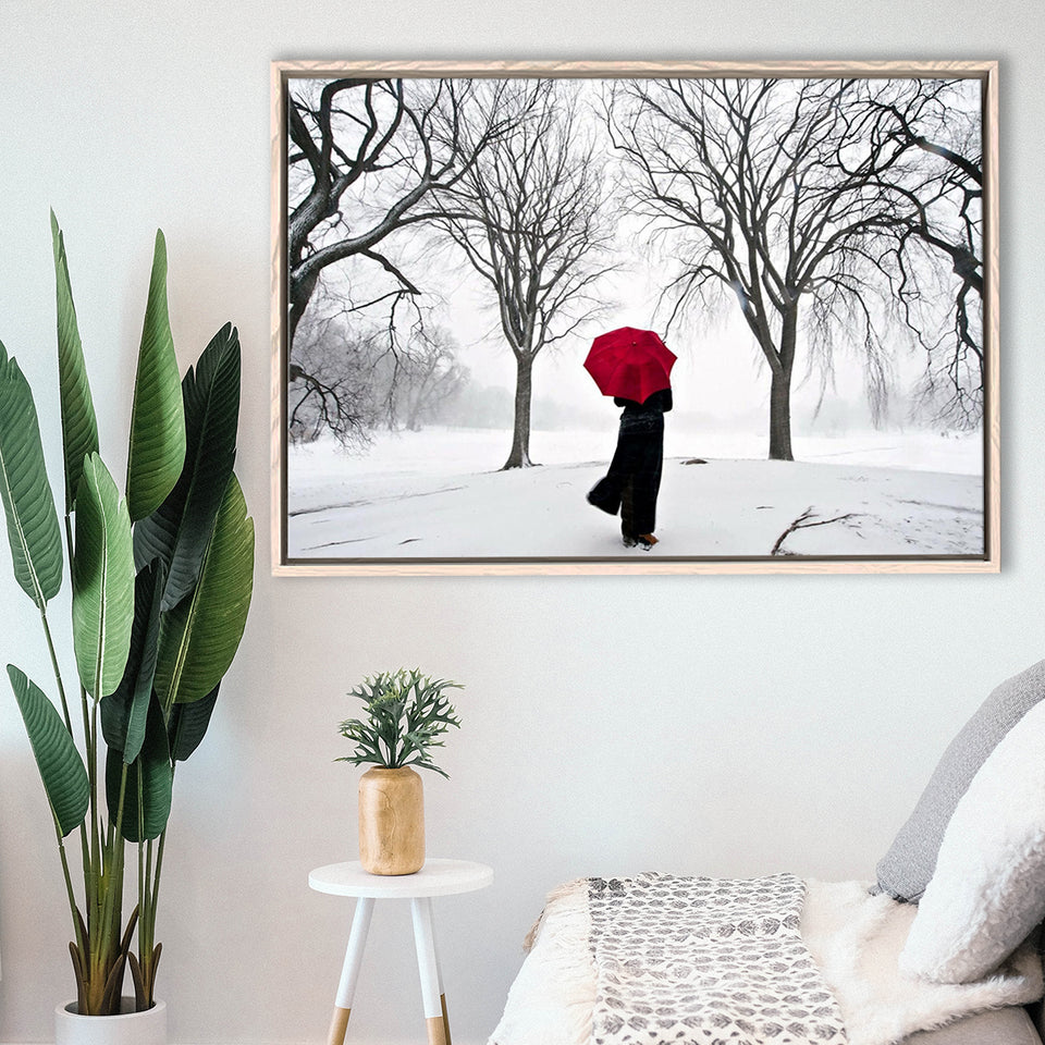 Girl Red Umbrella In The Snow, Girl Red Umbrella Wall Art, Framed Canvas Print Wall Art Decor,Floating Frame