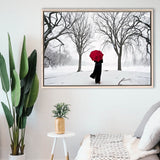 Girl Red Umbrella In The Snow, Girl Red Umbrella Wall Art, Framed Canvas Print Wall Art Decor,Floating Frame