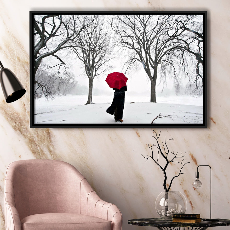 Girl Red Umbrella In The Snow, Girl Red Umbrella Wall Art, Framed Canvas Print Wall Art Decor,Floating Frame