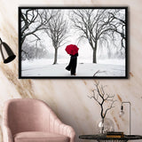Girl Red Umbrella In The Snow, Girl Red Umbrella Wall Art, Framed Canvas Print Wall Art Decor,Floating Frame