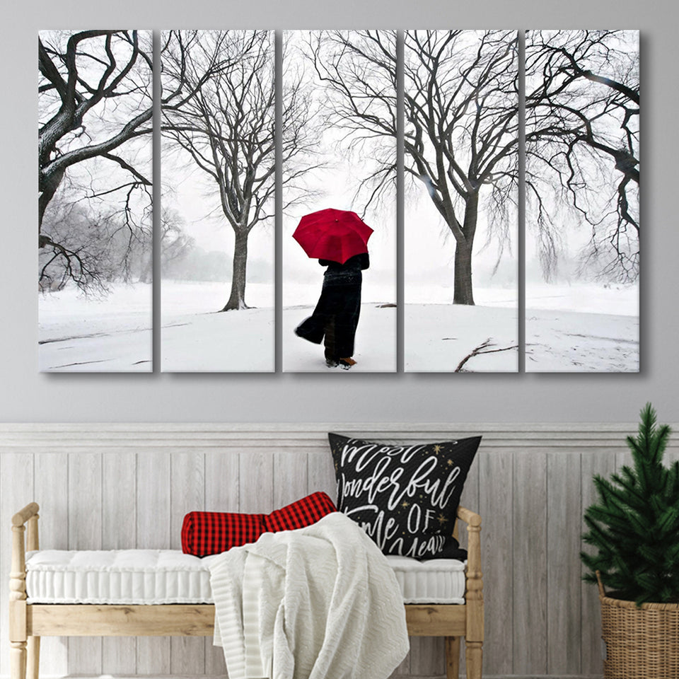 Girl Red Umbrella In The Snow, Girl Red Umbrella Wall Art, Extra Large Multi 5 Panel Canvas Print Wall Art Decor