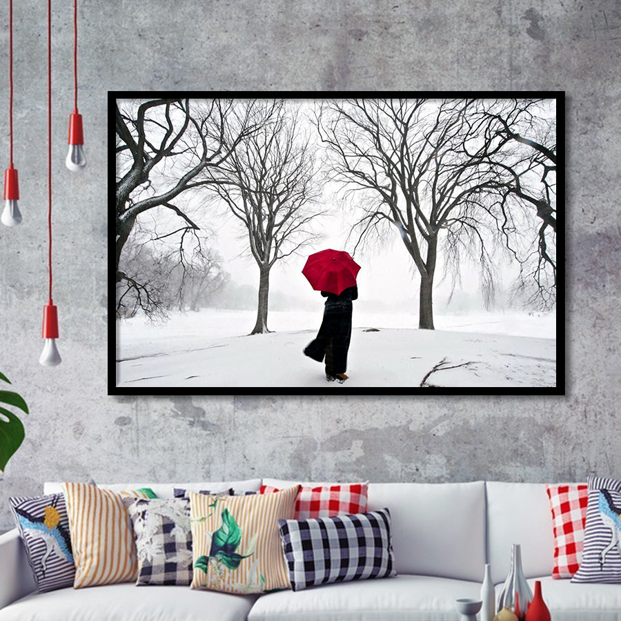 Girl Red Umbrella In The Snow, Girl Red Umbrella Wall Art, Framed Art Print Wall Decor, Framed Picture