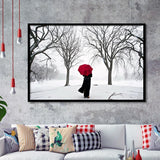 Girl Red Umbrella In The Snow, Girl Red Umbrella Wall Art, Framed Art Print Wall Decor, Framed Picture