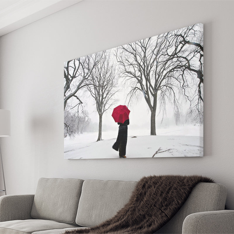 Girl Red Umbrella in the Snow, Girl Red Umbrella Wall Art, Canvas Print Wall Art Decor, Landscape Art Print
