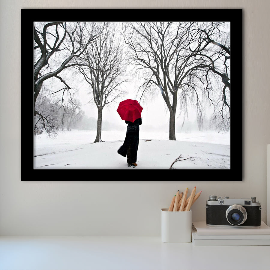 Girl Red Umbrella In The Snow, Girl Red Umbrella Wall Art, Framed Art Print Wall Decor, Framed Picture