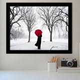 Girl Red Umbrella In The Snow, Girl Red Umbrella Wall Art, Framed Art Print Wall Decor, Framed Picture