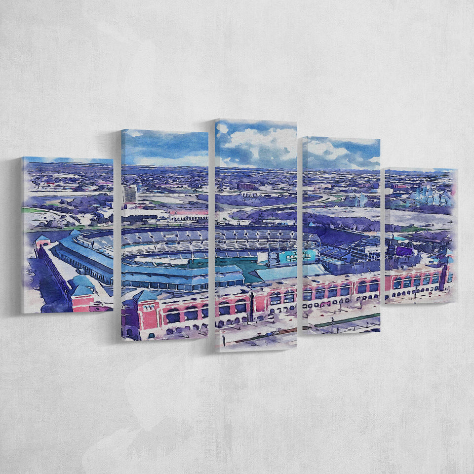 Globe Life Field Stadium WaterColor 5 Panels Mix Canvas Prints, Arlington Texas Baseball Watercolor, Large Stadium Canvas