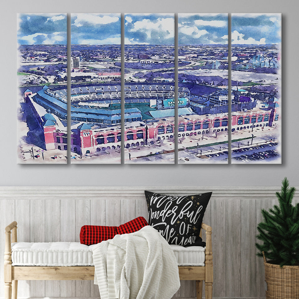 Globe Life Field Stadium WaterColor 5 Panels B Mixed Canvas Prints, Extra Large, Arlington Texas Baseball Watercolor