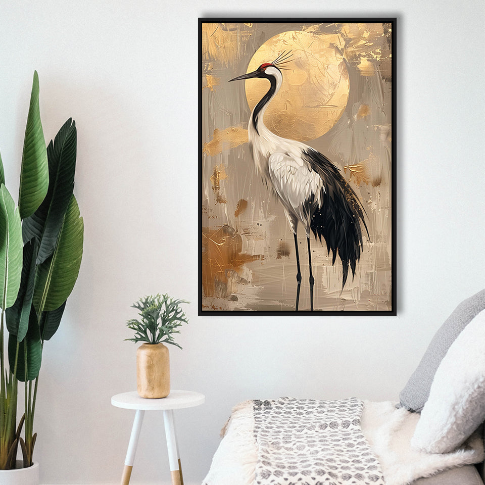 Golden Moon And Elegant Bird Wall Art, Moonlit Crane Art Print, Moonlight Home Decor, Framed Canvas Print, Floating Frame