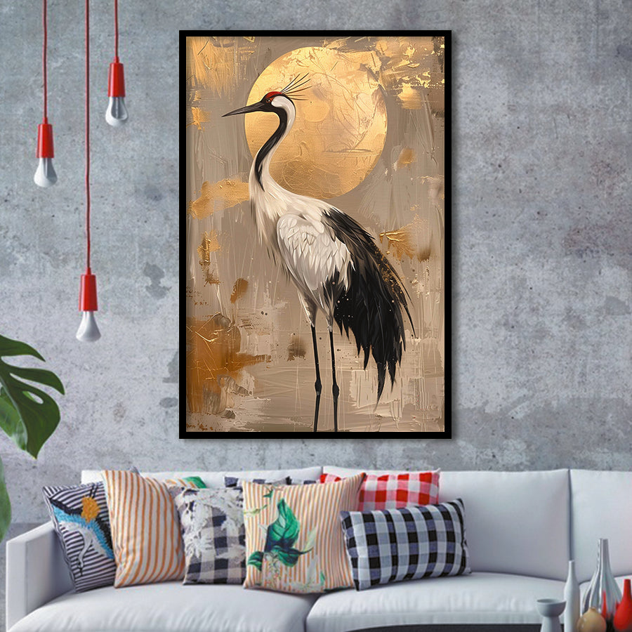 Golden Moon And Elegant Bird Wall Art, Moonlit Crane Art Print, Moonlight Asian Home Decor, Framed Art Print, Fine Art Wall Decor