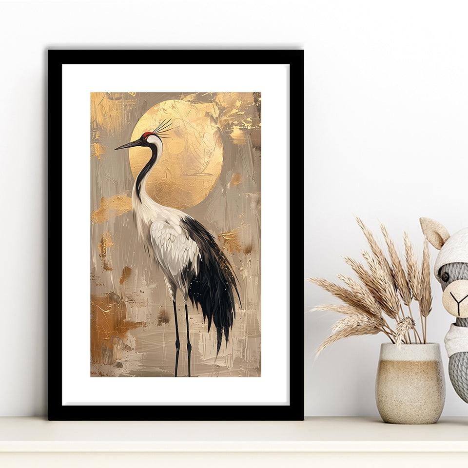 Golden Moon And Elegant Bird Wall Art, Moonlit Crane Art Print, Moonlight Asian Home Decor, Framed Art Print White Border