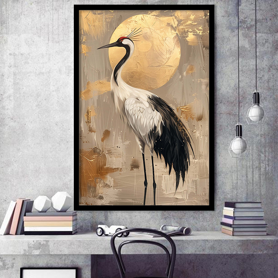 Golden Moon And Elegant Bird Wall Art, Moonlit Crane Art Print, Moonlight Asian Home Decor, Framed Art Print, Fine Art Wall Decor